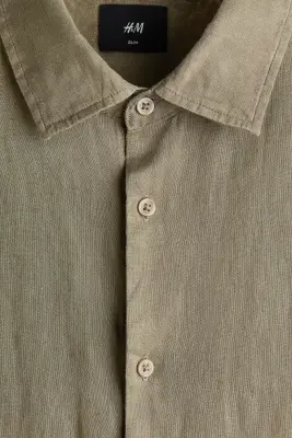 Chemise Slim Fit en lin - Vert kaki — photo 5