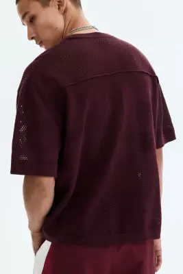 T-shirt boxy Relaxed Fit en maille ajourée - Bordeaux — photo 3