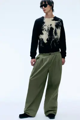 Chino baggy plissé en sergé Otis - Vert kaki cendré — photo 1