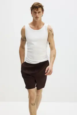 Short Easy-care Relaxed Fit en lin mélangé - Marron foncé — photo 1