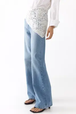Straight High Waist Jeans avec foulard - Bleu denim clair/blanc — photo 3