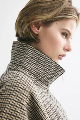 Veste en maille jacquard avec manches ballon - Beige clair/carreaux — photo 3