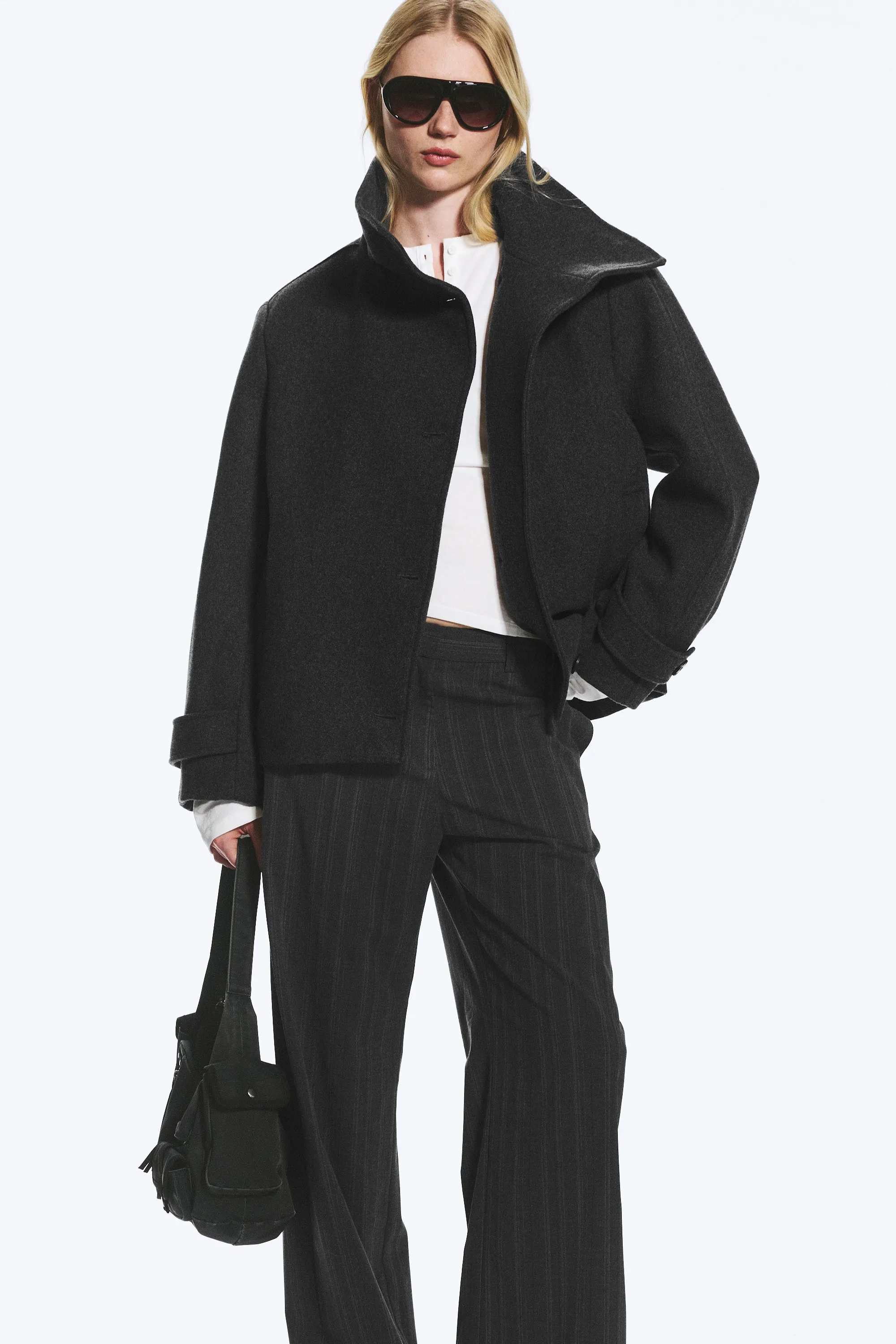 Veste en laine mélangée à col cheminée - Gris foncé chiné