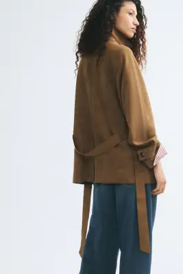 Manteau court avec ceinture à nouer - Beige foncé — photo 4