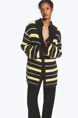 Cardigan doux en maille à col en V - Marron foncé et rayures jaunes — photo 1