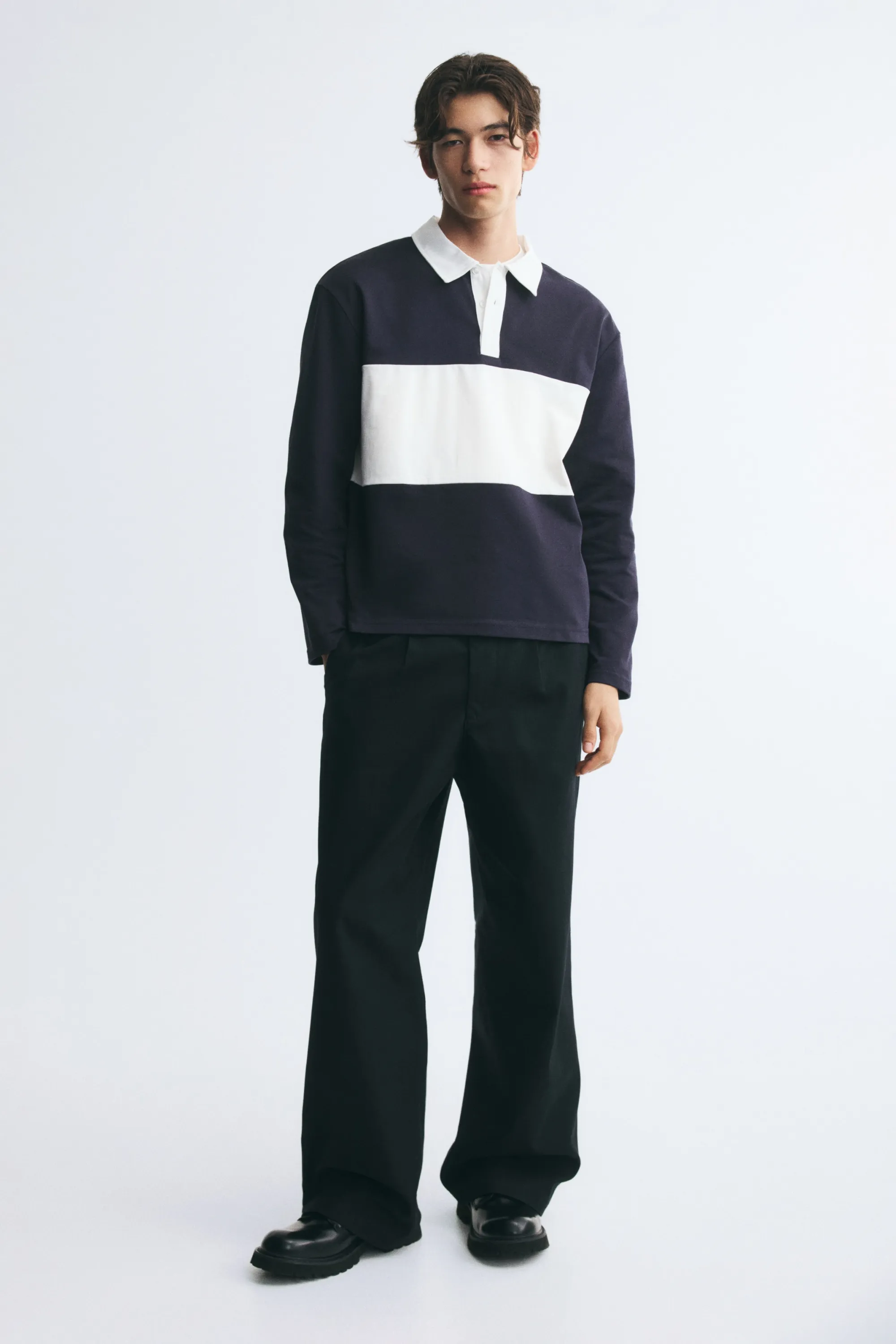 Polo de rugby Regular Fit en coton - Bleu marine/color block