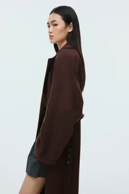 Manteau maxi avec ceinture - Marron foncé — photo 3