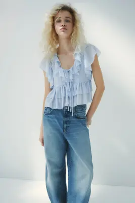 Blouse volantée avec liens à nouer - Bleu clair — photo 1