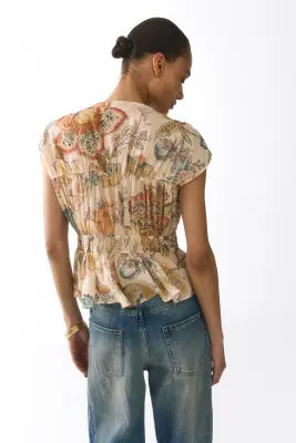 Blouse ruchée en coton - Beige clair/fleuri — photo 3