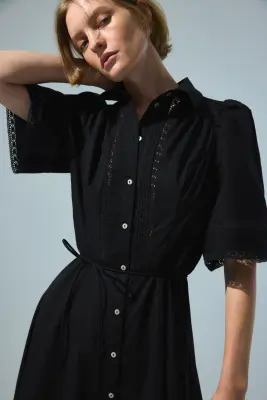 Robe chemise en coton avec plis nervure - Noir — photo 2