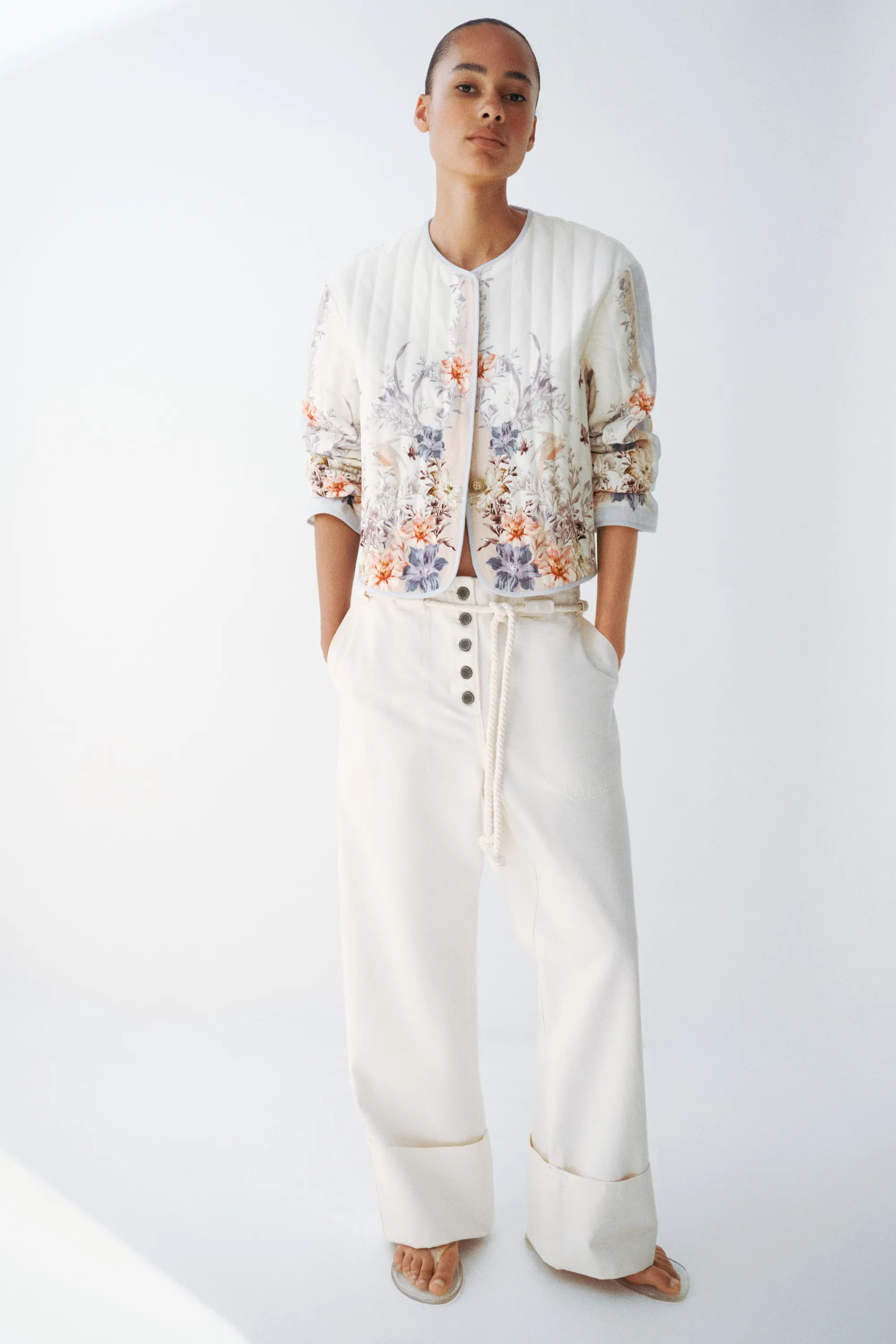 Veste matelassée en lin mélangé - Crème/fleuri