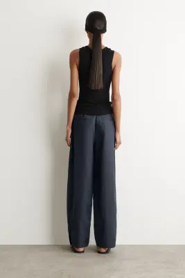 PANTALON BARREL EN LIN À TAILLE ÉLASTIQUÉE - BLEU MARINE — photo 3