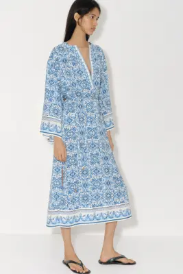 Robe tunique avec ceinture à nouer - Bleu/motif — photo 2