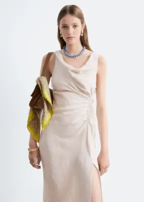 Robe midi en lin à bretelle torsadée - Marron Clair — photo 1
