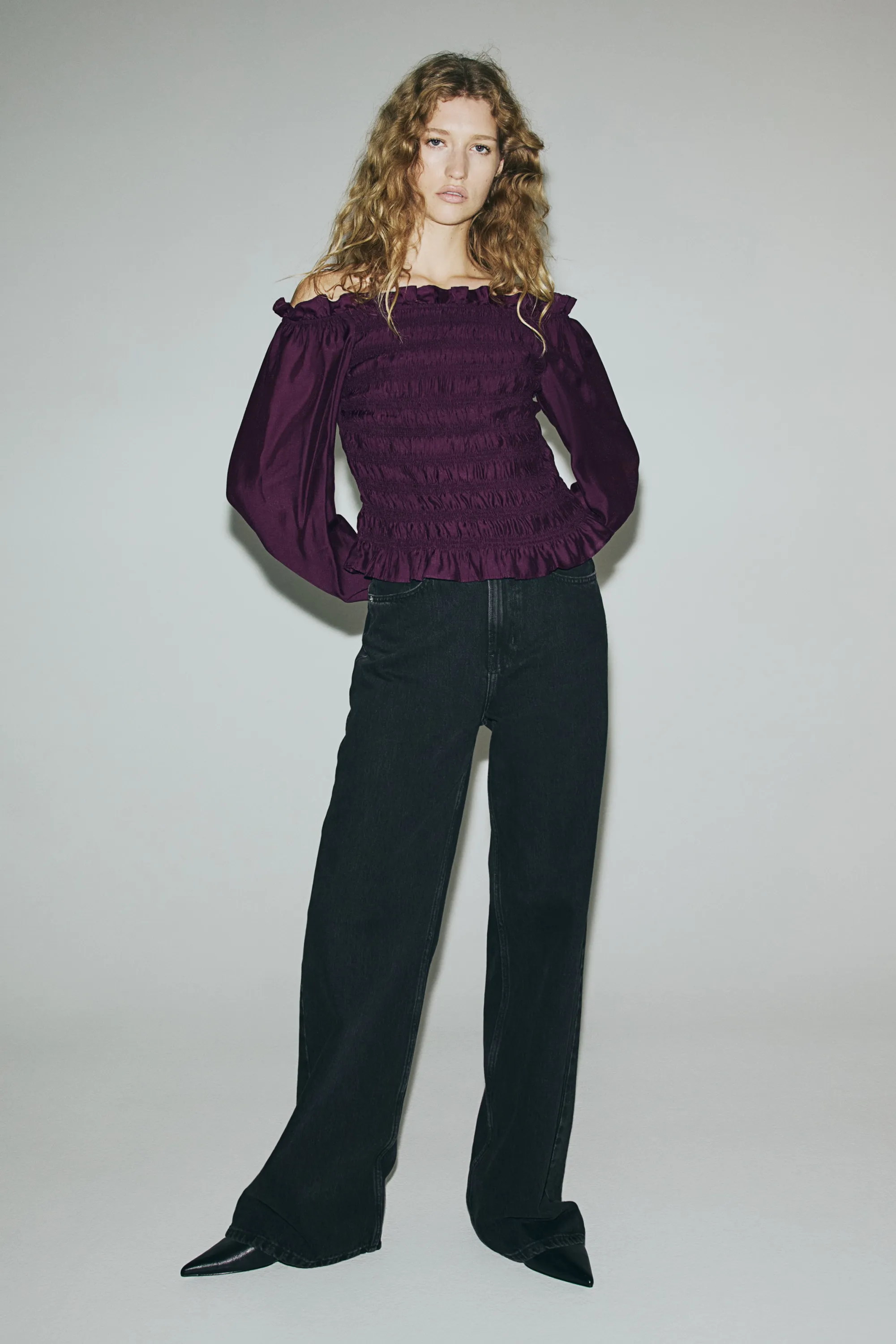 Blouse épaules nues smockée - Violet prune