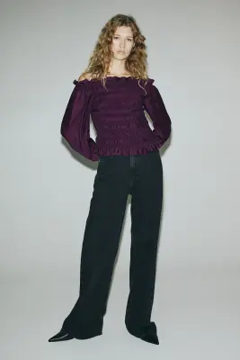 Blouse épaules nues smockée - Violet prune — photo 1