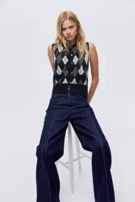 Gilet jacquard sans manches en laine mélangée - Noir/motif argyle — photo 1