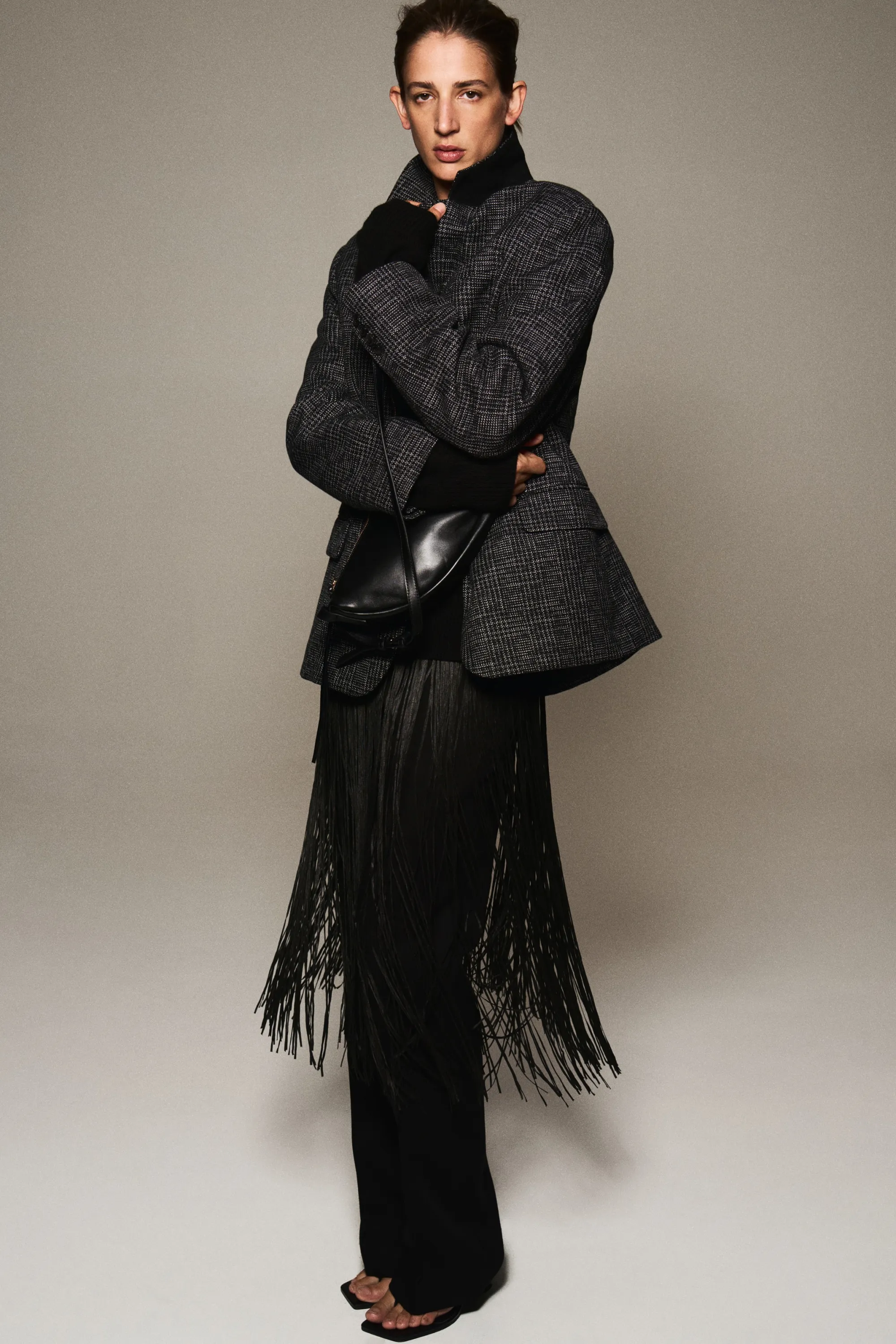 Single-breasted textured-weave blazer - Noir/carreaux