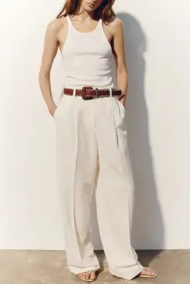 Pantalon en lin mélangé avec ceinture - Crème — photo 2