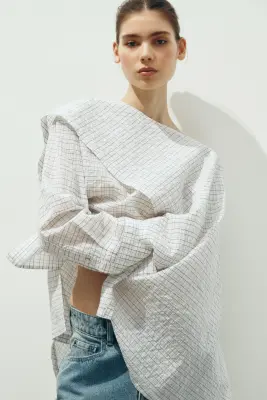 Blouse en seersucker avec cape - Blanc/carreaux — photo 2