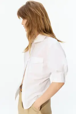 Chemise en popeline avec manches à effet ruché - Blanc — photo 3