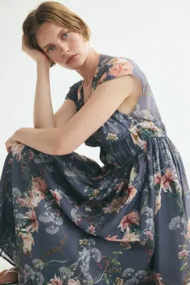 Robe froncée à mancherons - Bleu ancien foncé/fleuri — photo 2