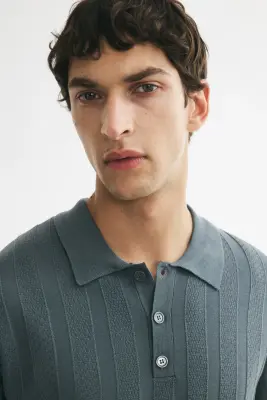 Regular Fit Textured-knit polo shirt - Bleu canard ancien — photo 1