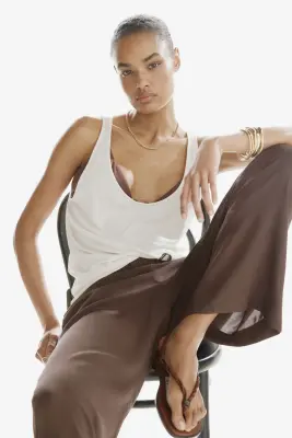Pantalon large avec taille élastique - Marron foncé — photo 2