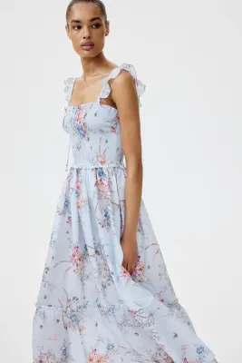 Robe volantée avec corsage smocké - Bleu clair/fleuri — photo 1