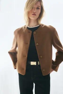 Scarf-collar twill jacket - Marron — photo 2