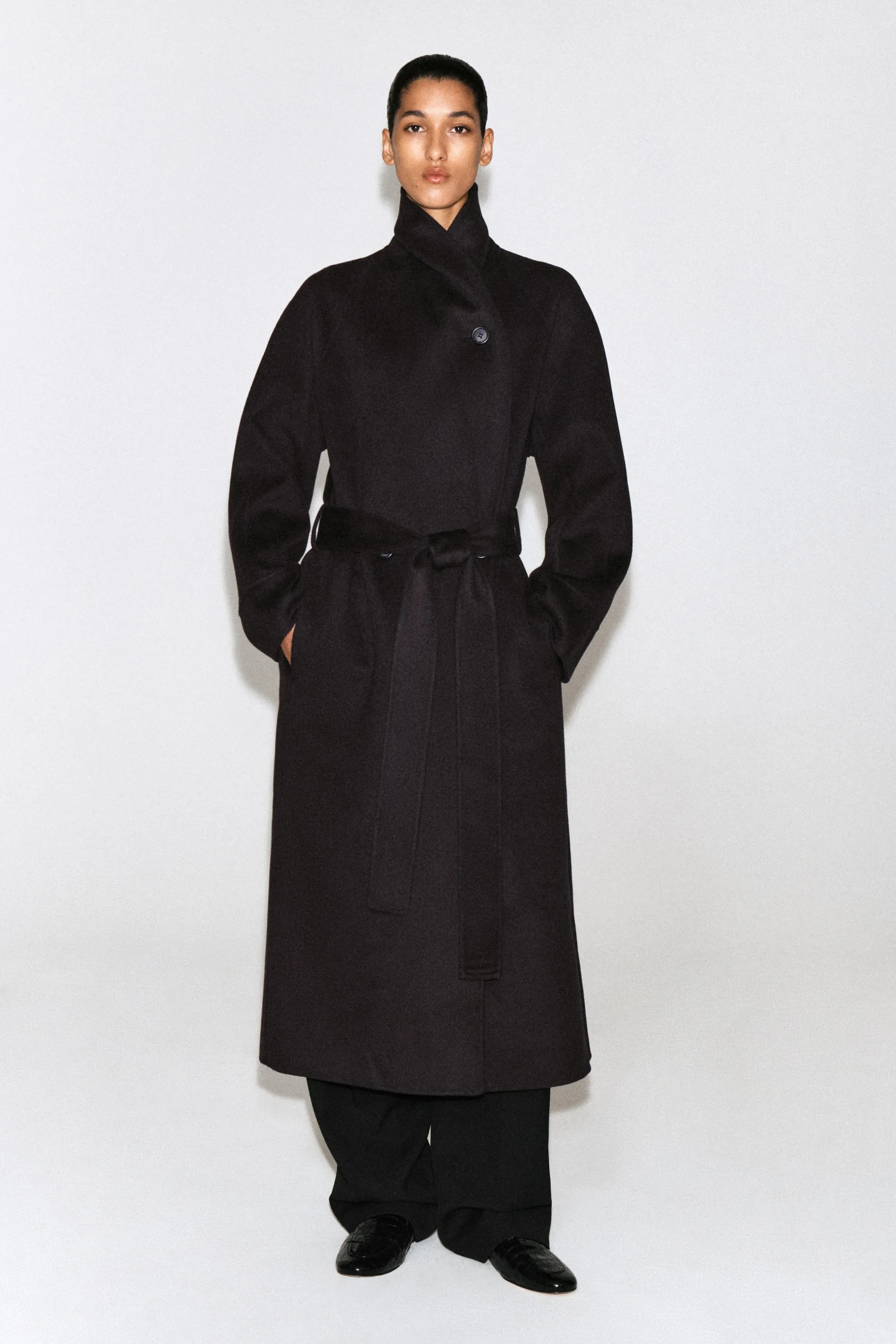 MANTEAU LONG EN LAINE DOUBLE FACE À COL CHÂLE - BRUN FONCÉ
