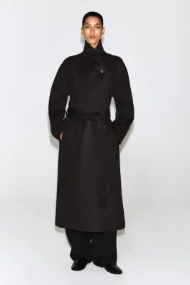 MANTEAU LONG EN LAINE DOUBLE FACE À COL CHÂLE - BRUN FONCÉ — photo 1
