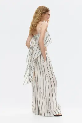 Pantalon à taille élastique avec double ceinture - Beige clair/rayé — photo 3