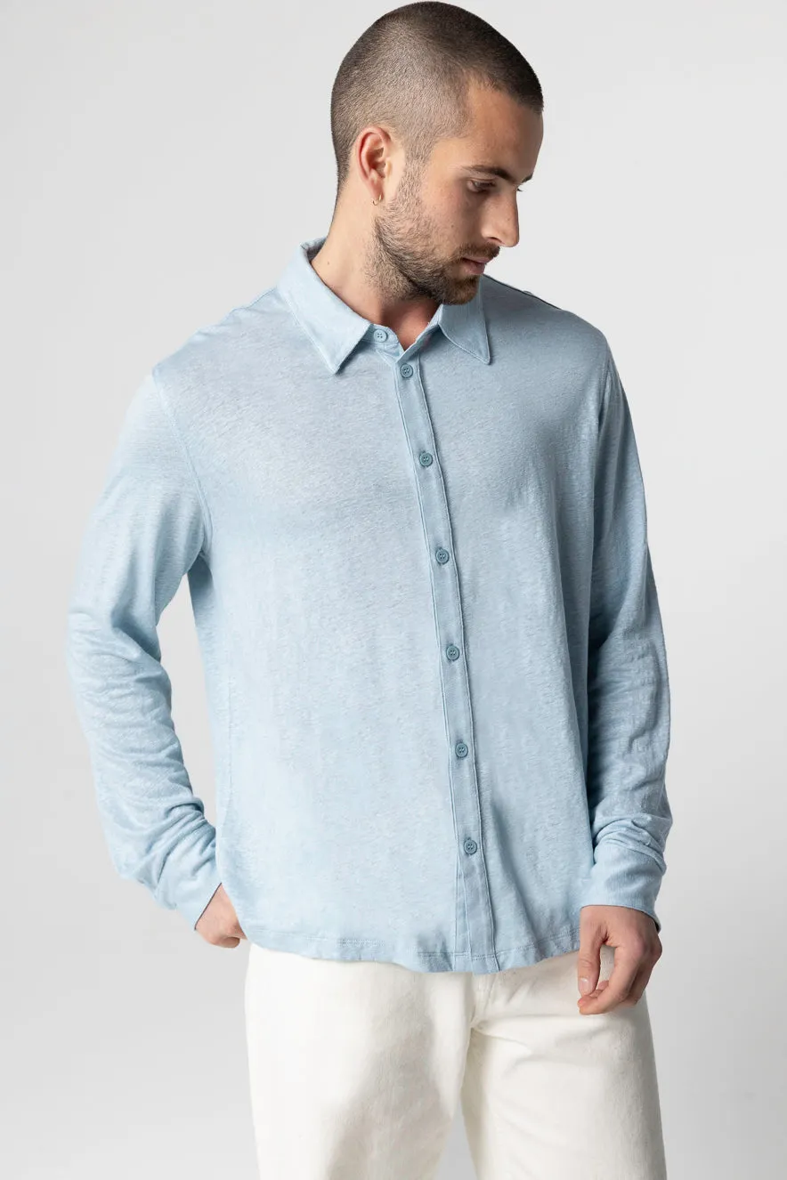 Chemise Bleu Clair Col Chemise Manches Longues en Lin / Elasthanne