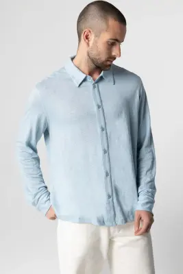 Chemise Bleu Clair Col Chemise Manches Longues en Lin / Elasthanne