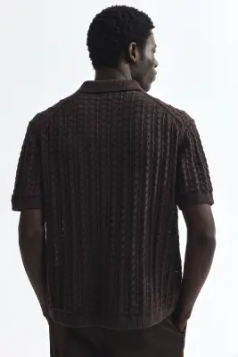 Chemise Relaxed Fit en maille pointelle - Marron foncé — photo 3