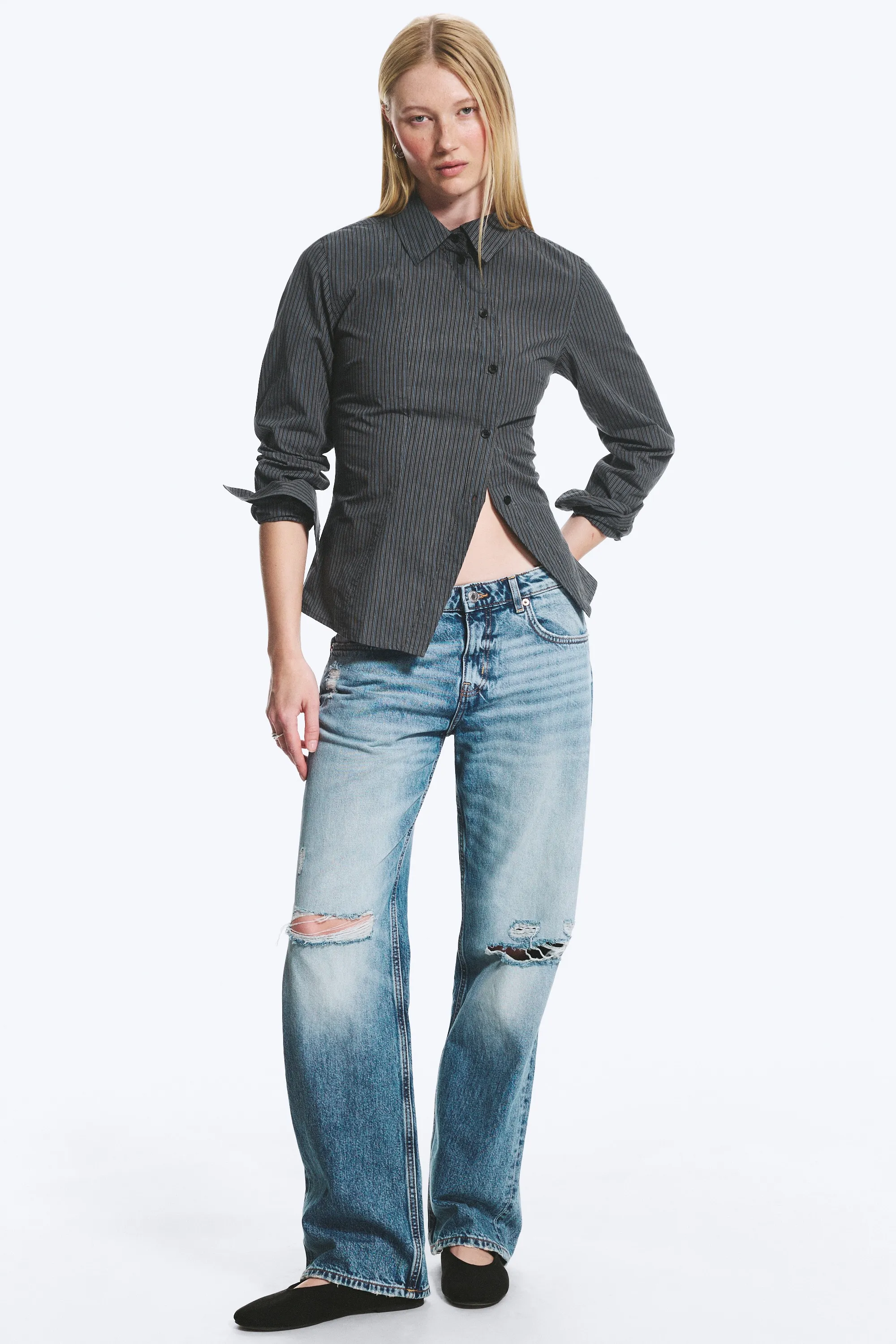 Chemise ajustée en popeline asymétrique - Gris Foncé - Rayures Bleues