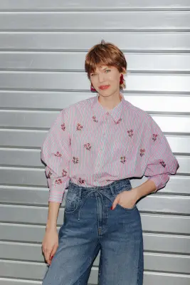Chemise rayée perlée Femme — photo 2