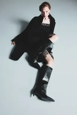 Bottes en cuir de hauteur genou - Noir/imitation crocodile — photo 2