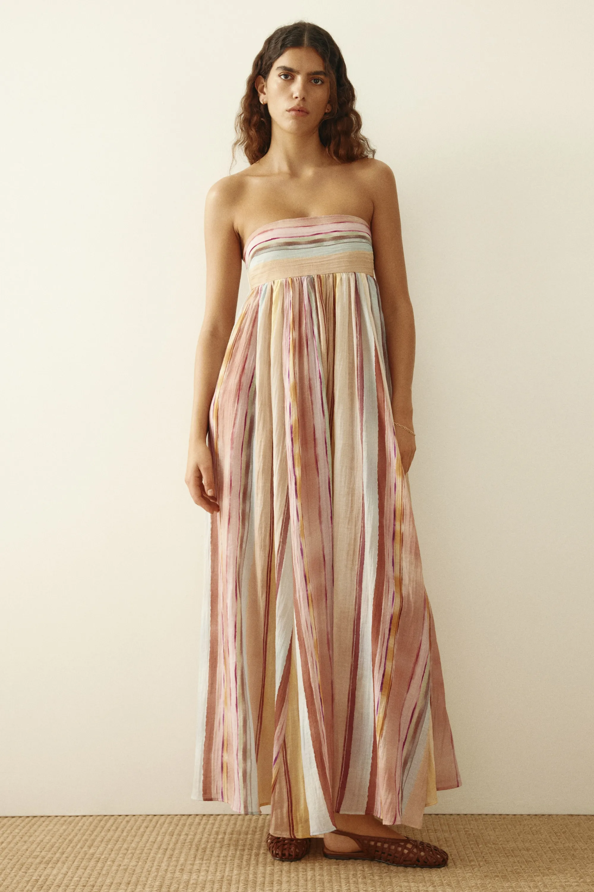 Longue robe bandeau - Beige clair/rayé