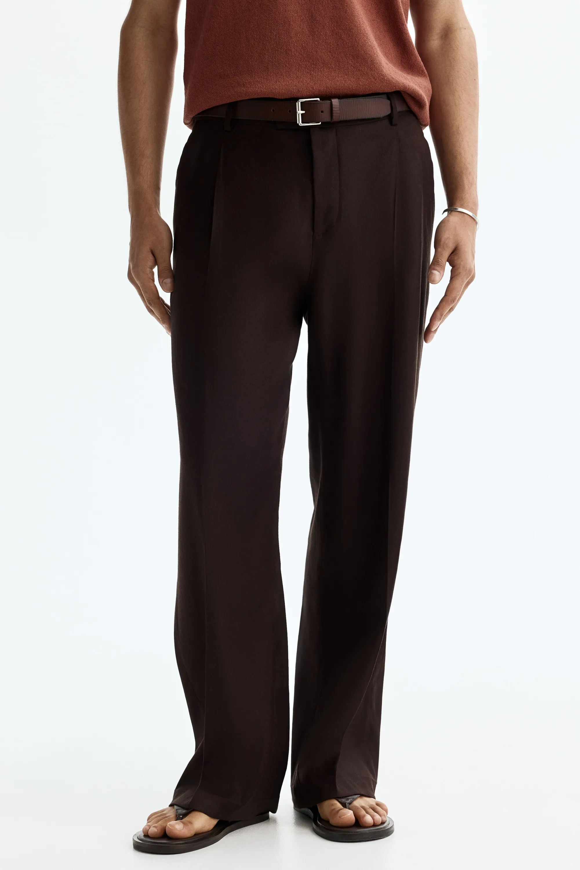 Pantalon chic Relaxed Fit en lin mélangé - Marron foncé
