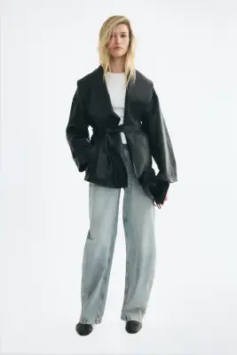 Veste en tissu enduit avec col châle - Noir — photo 2