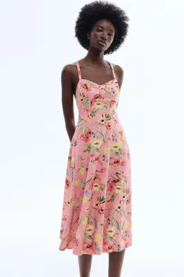 Robe évasée en lin mélangé - Rose clair/fleuri — photo 2