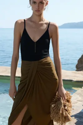 Jupe en jersey à effet drapé - Vert kaki foncé — photo 1