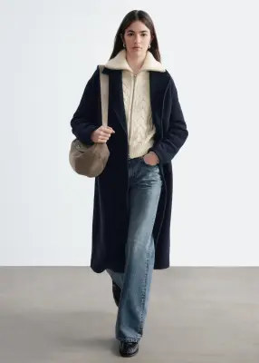 Manteau volumineux en laine avec ceinture - Bleu marine — photo 2