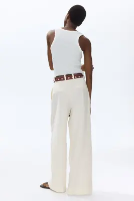 Pantalon en lin mélangé avec détail façon foulard - Crème — photo 3