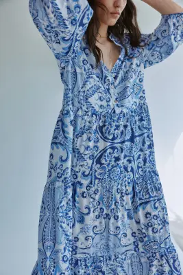 Robe midi à étages - Bleu/motif cachemire — photo 2
