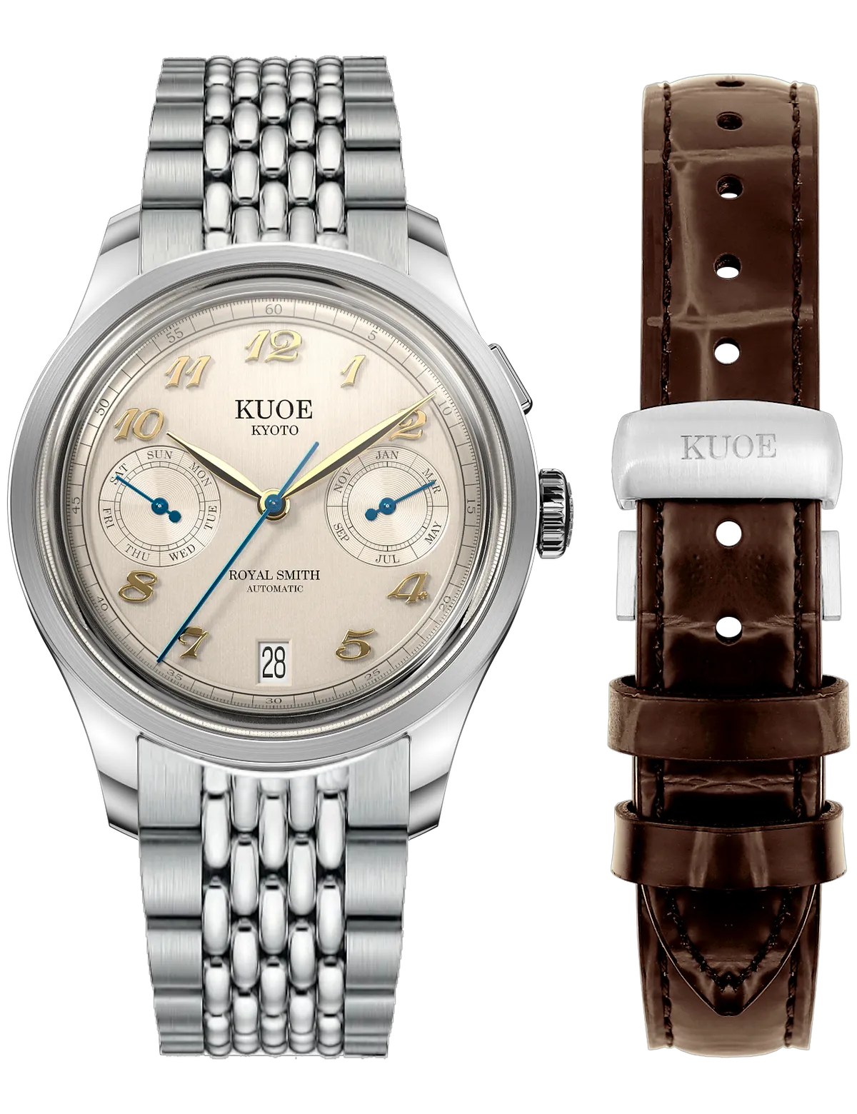 KUOE ROYAL SMITH 90-010 IVORY X VERTICAL BRUSHED DIAL / BOR BRACELET / MEDAILLON CASEBACK