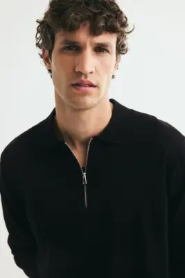 Polo Regular Fit à col zippé en laine mérinos - Noir — photo 2
