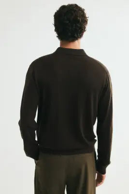 Polo Regular Fit en laine mérinos - Vert kaki foncé — photo 3